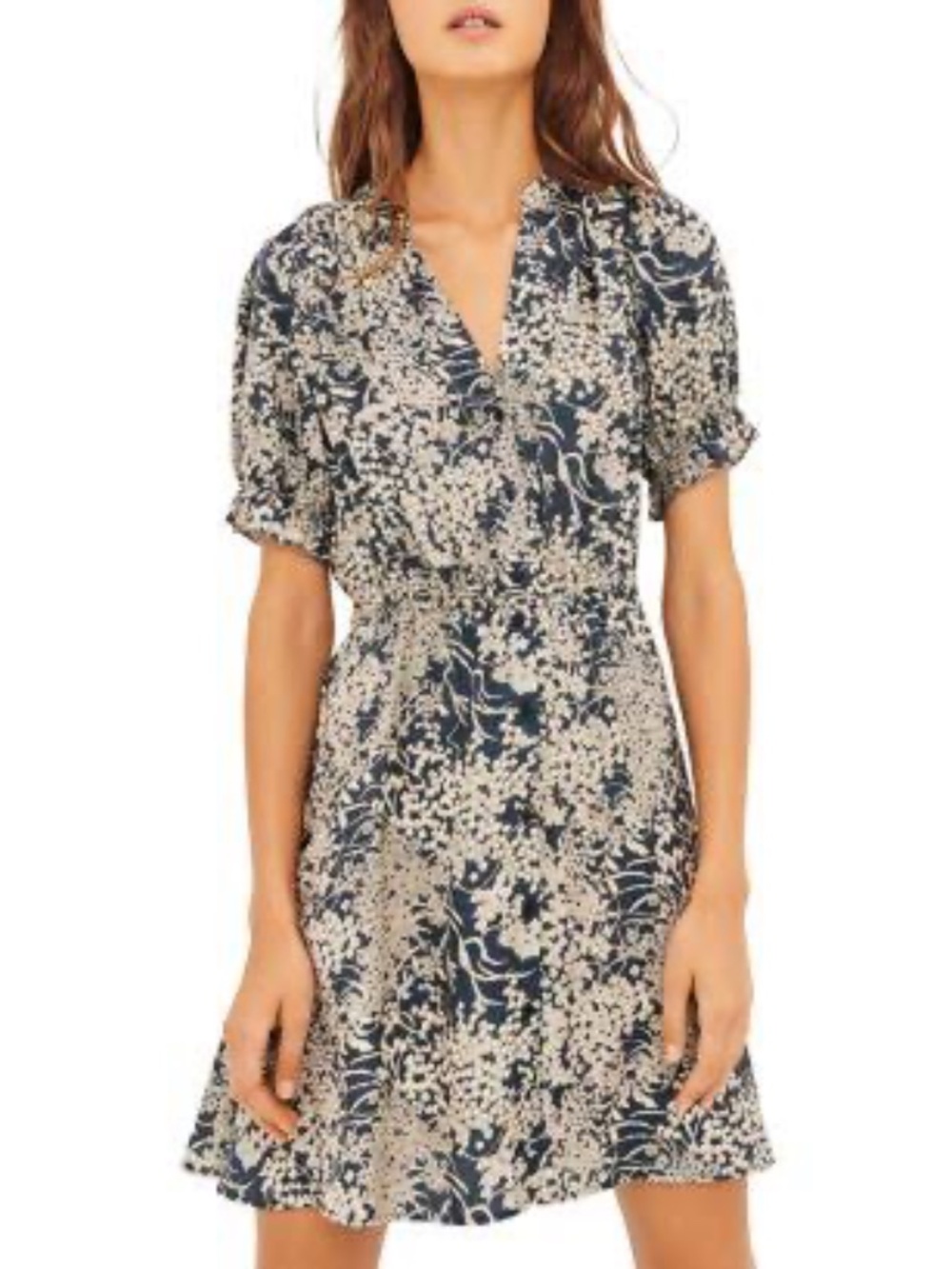 ba&sh navy and ivory dress with puffed short sleeves and buttoned front size s